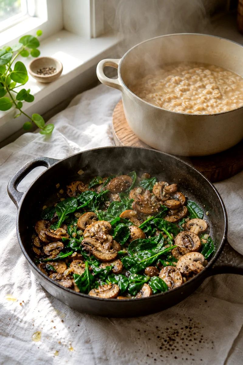 garlic-mushrooms-spinach-savory-oatmeal-process