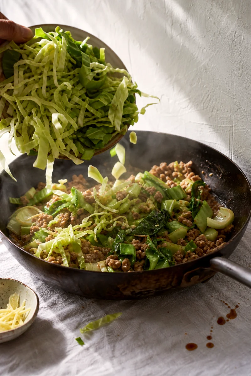 ginger-pork-bok-choy-skillet-cooking-process