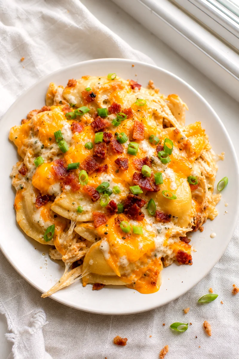 golden-chicken-bacon-ranch-pierogi-casserole-plate