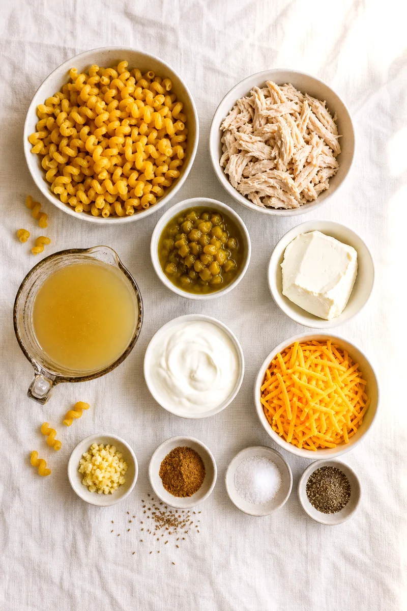 green-chile-chicken-cavatappi-casserole-ingredients