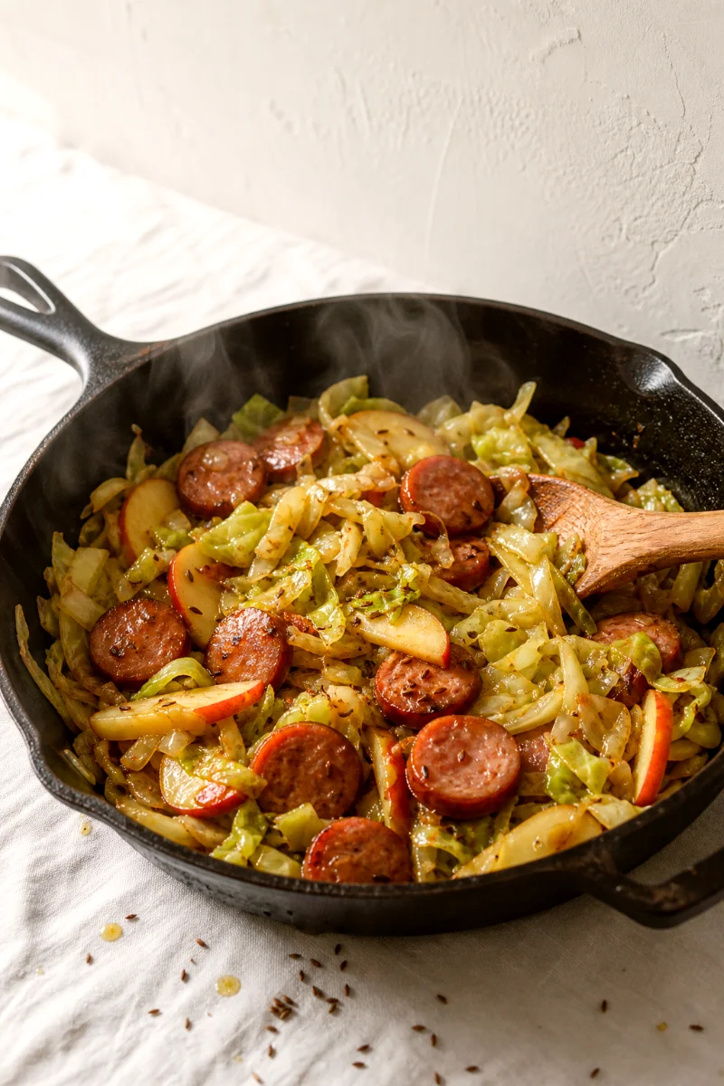 kielbasa-cabbage-apple-skillet-cooking-process