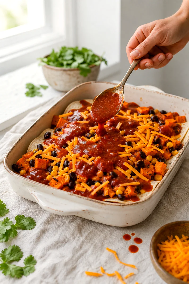 layering-black-bean-sweet-potato-enchilada-casserole