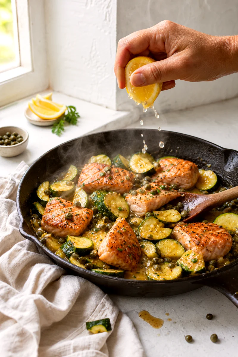 lemon-salmon-piccata-skillet-cooking-process
