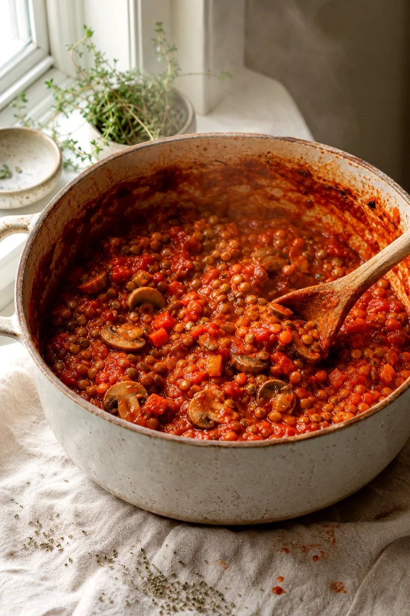 lentil-mushroom-bolognese-simmering-sauce