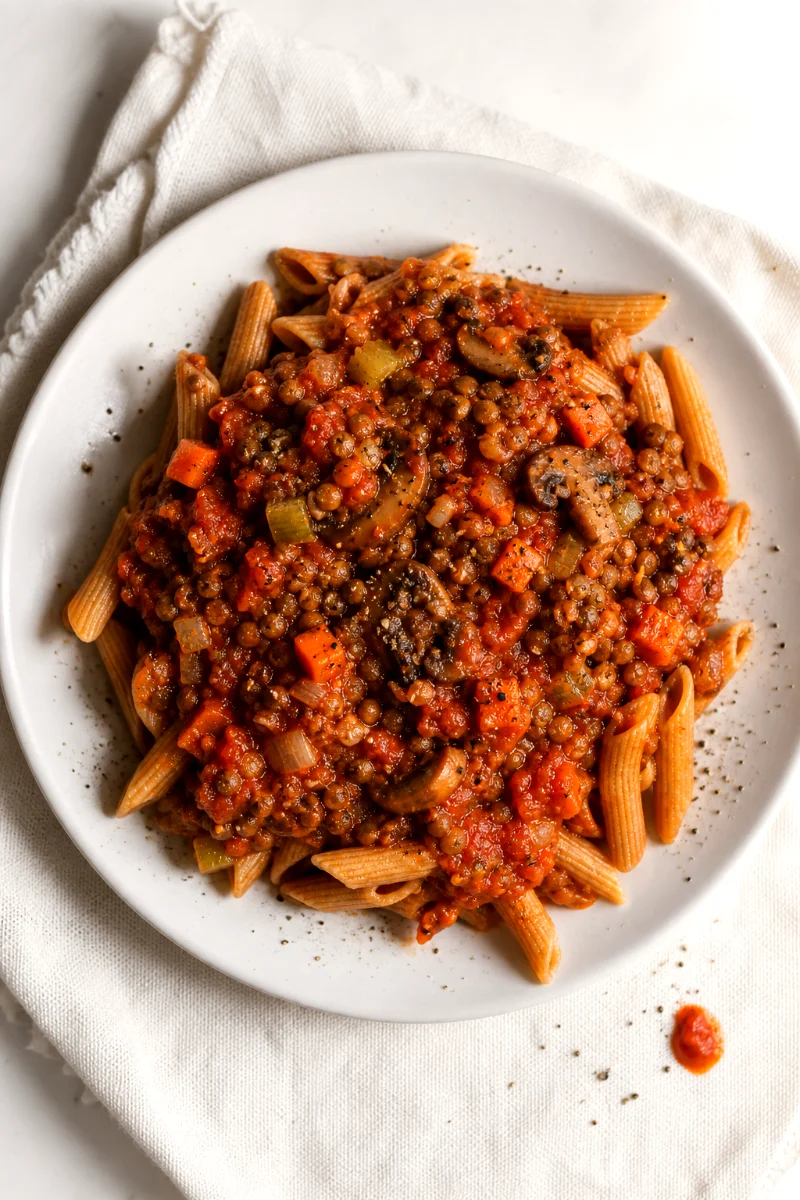 lentil-mushroom-bolognese-top-down-pasta