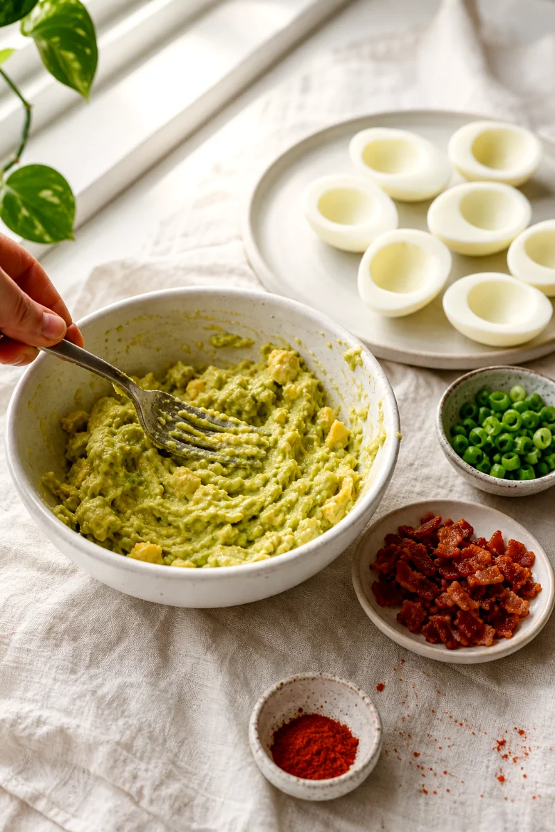 mashing-avocado-deviled-egg-filling
