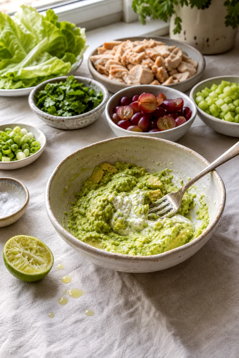 mashing-avocado-yogurt-chicken-salad