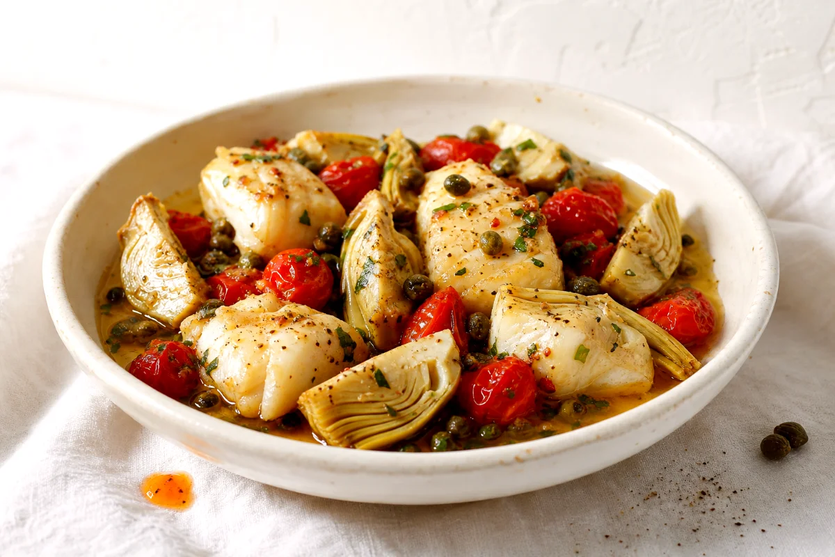 mediterranean-cod-artichoke-skillet-close-up