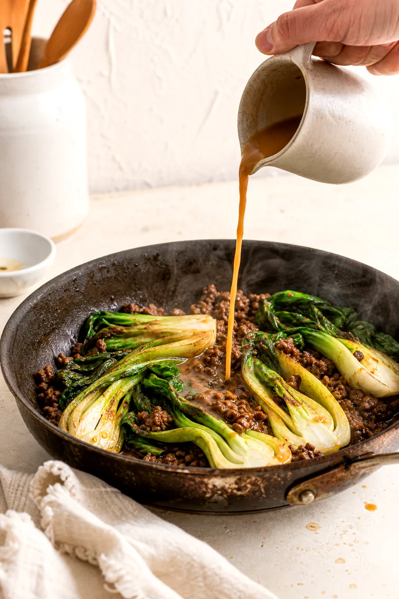 miso-glaze-beef-bok-choy-cooking