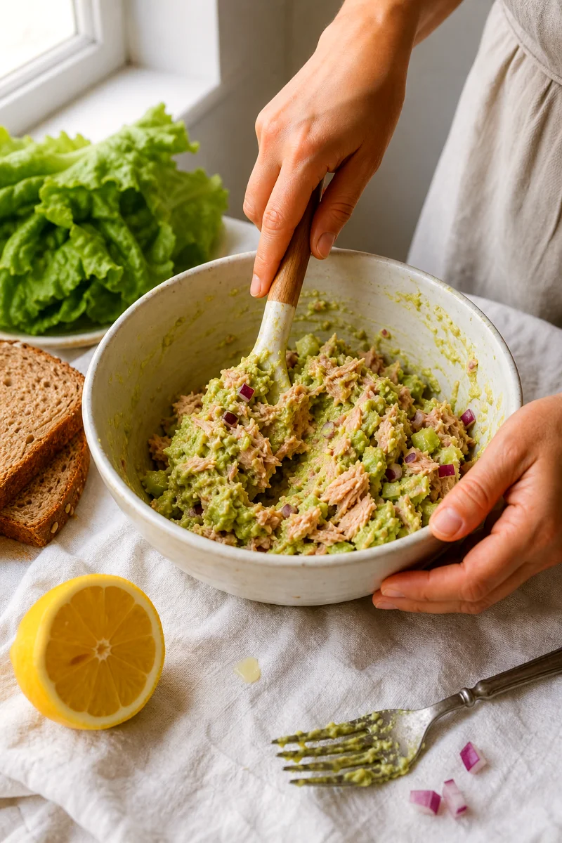 mixing-avocado-tuna-salad-filling