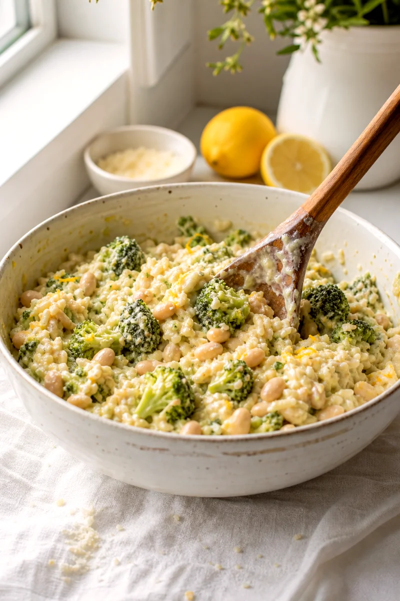 mixing-creamy-lemon-broccoli-white-bean-casserole
