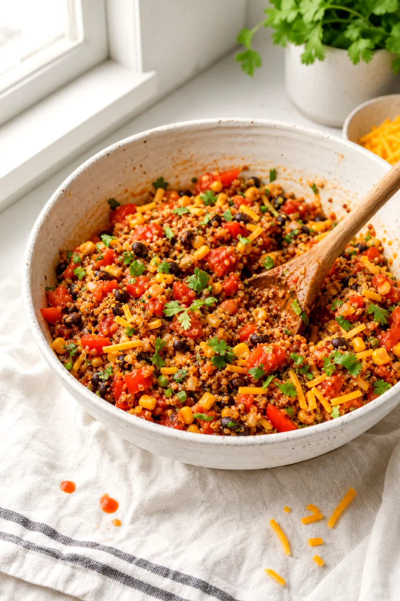 mixing-taco-quinoa-casserole-filling