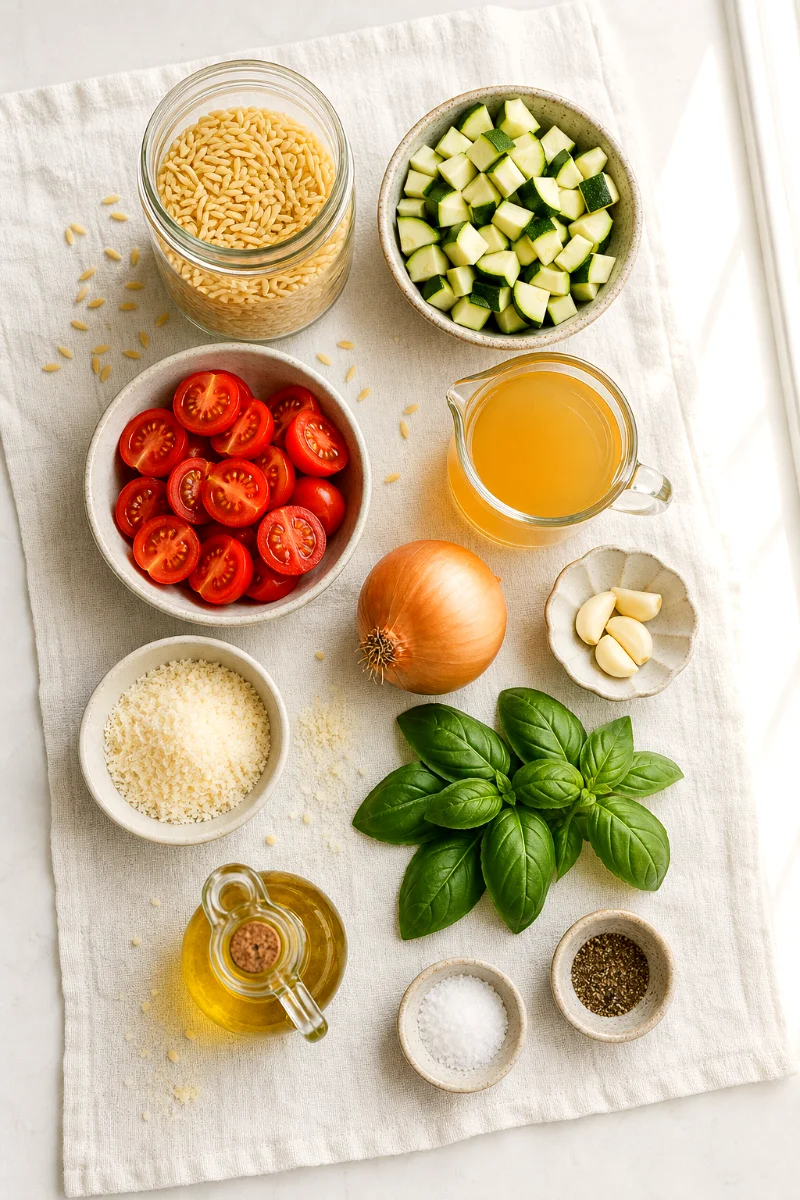 one-pot-orzo-ingredients-zucchini-tomatoes-basil