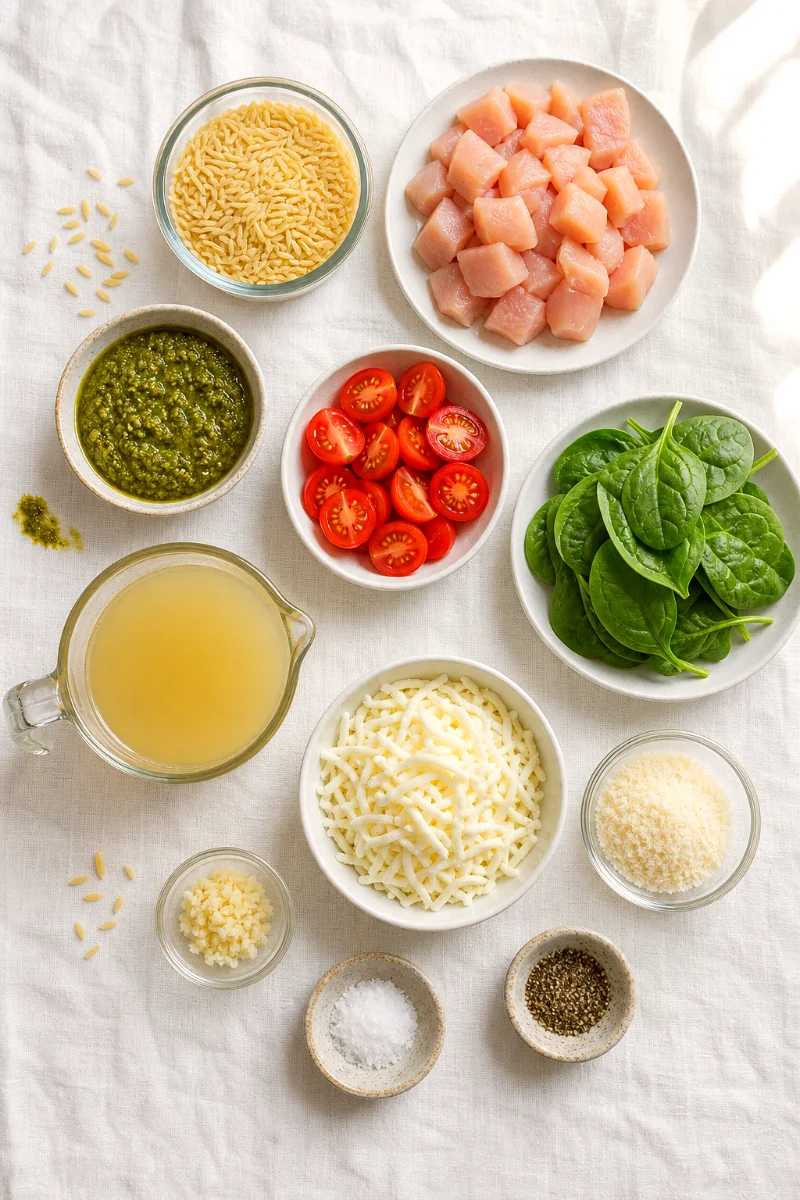 pesto-chicken-orzo-casserole-ingredients