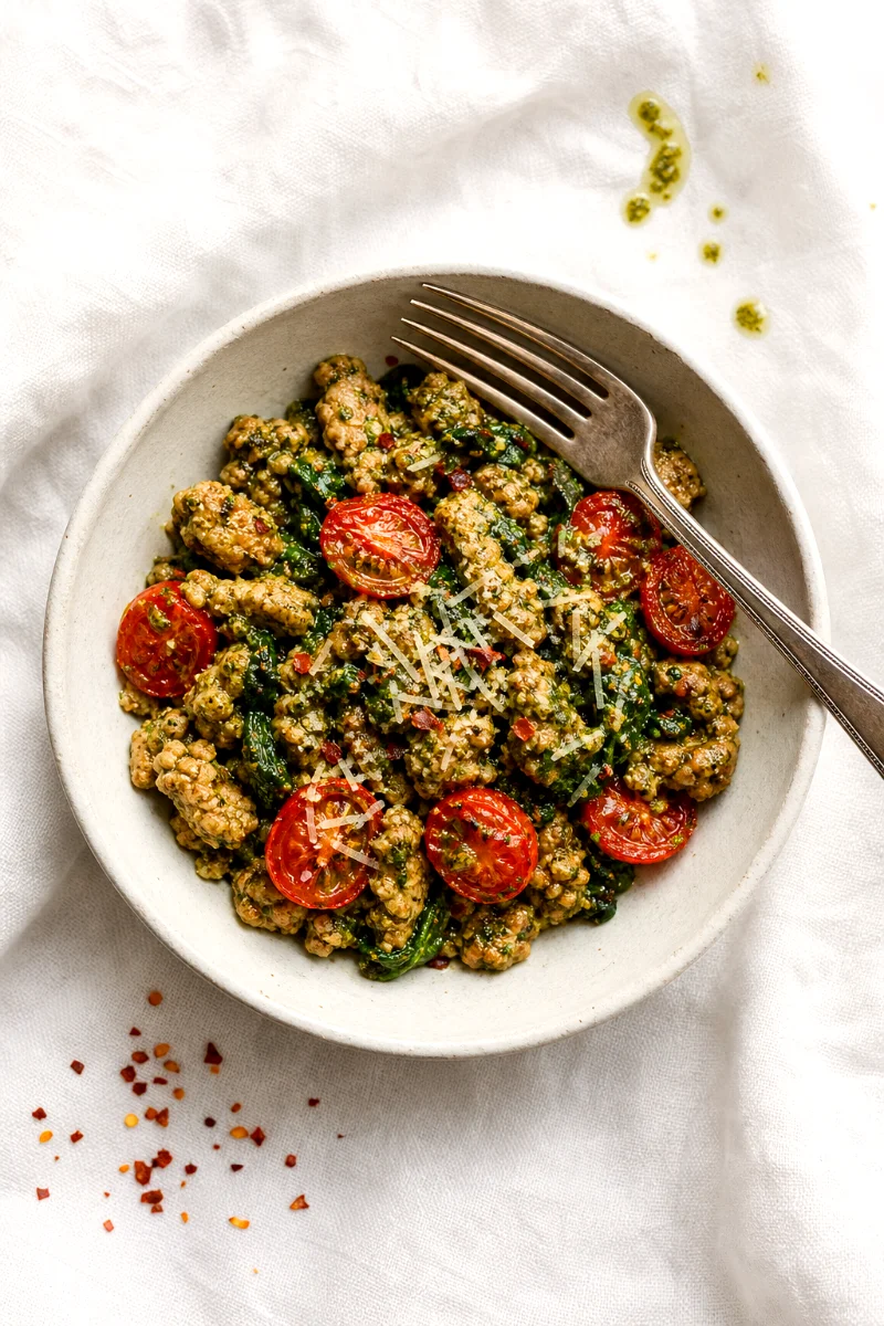pesto-turkey-cherry-tomato-skillet-close-up