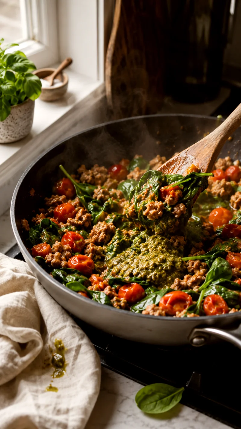 pesto-turkey-cherry-tomato-skillet-cooking