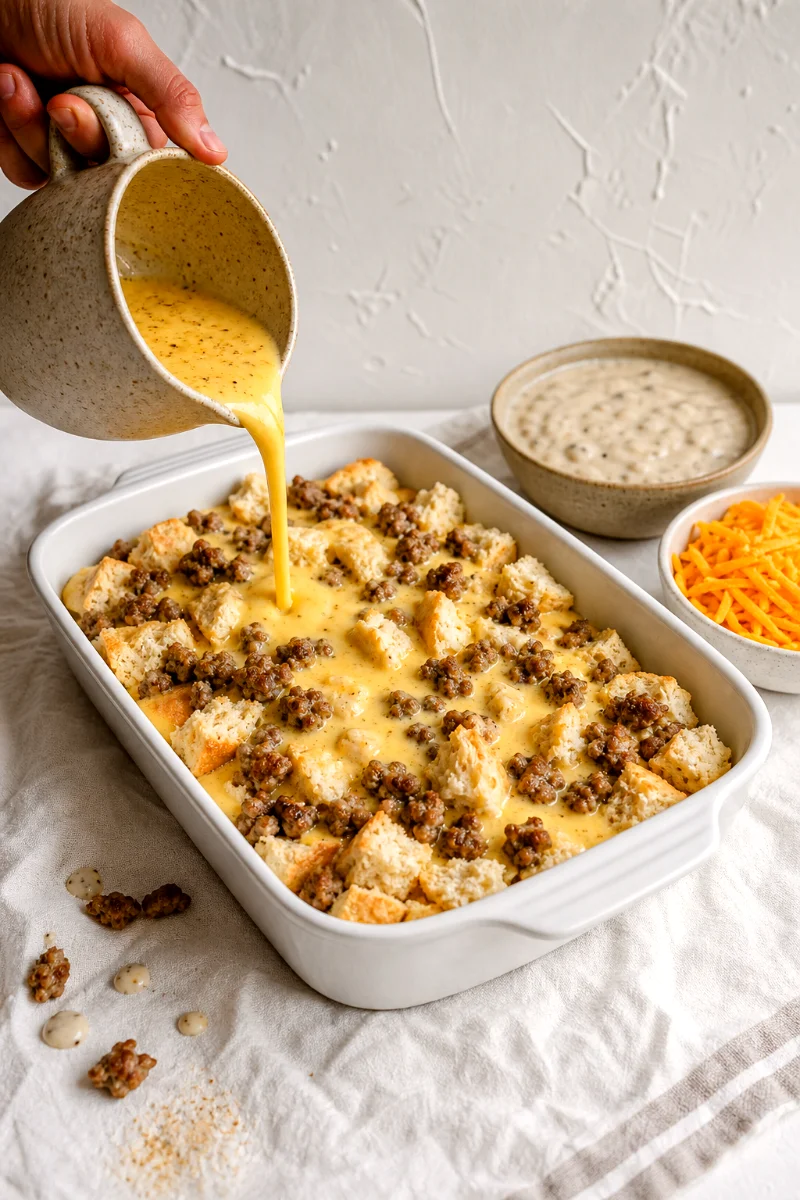 pouring-eggs-over-biscuits-sausage-gravy-casserole