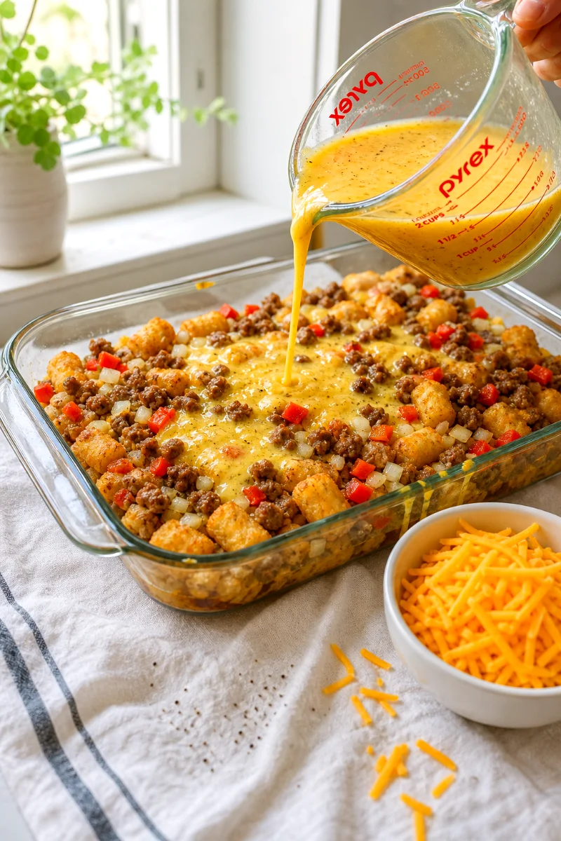pouring-eggs-over-tater-tot-breakfast-casserole