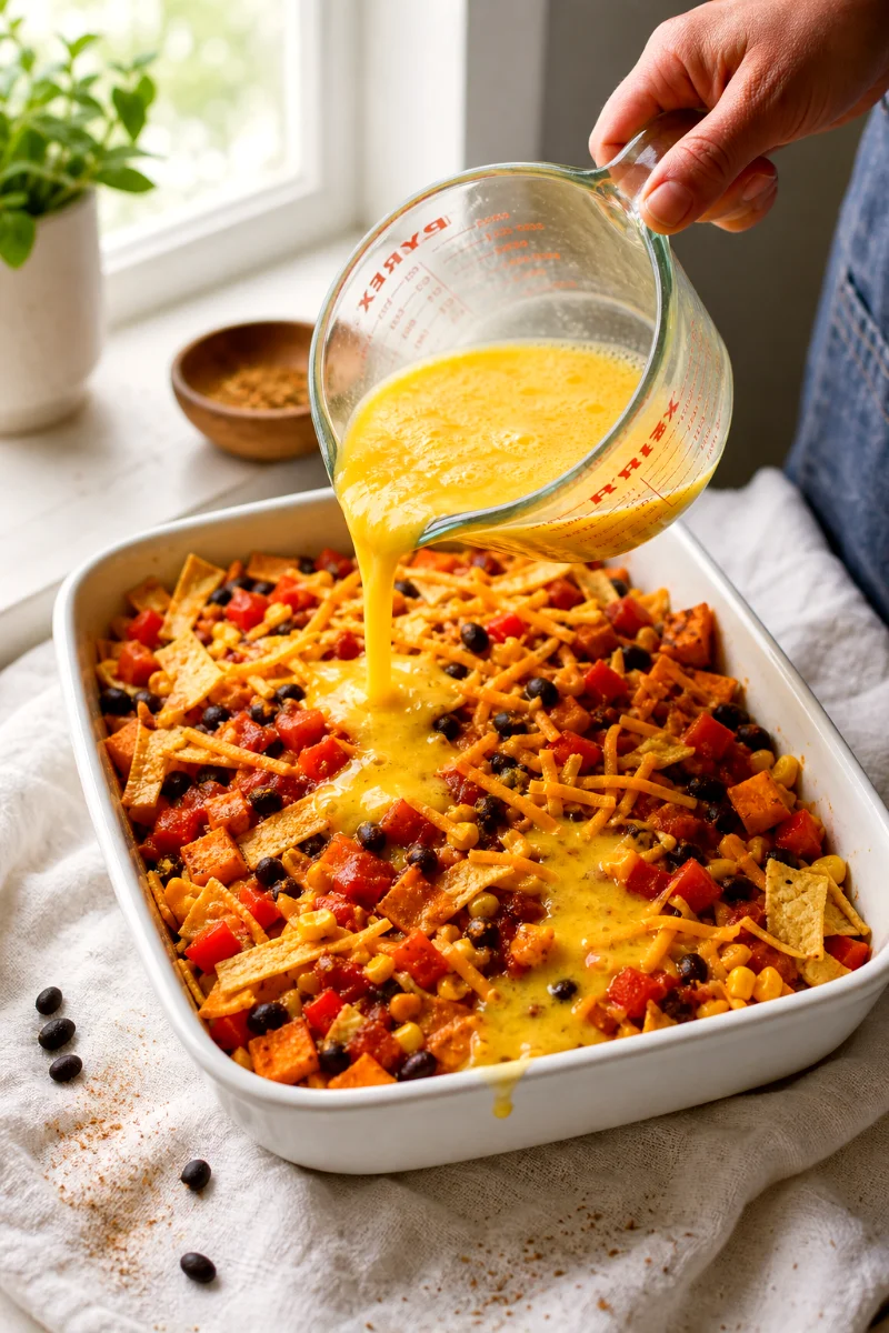 pouring-eggs-sweet-potato-enchilada-casserole