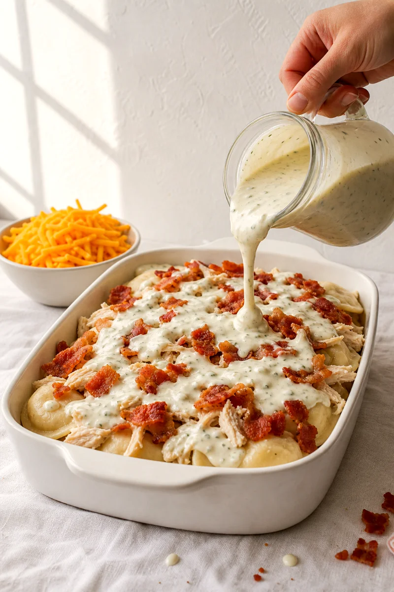 pouring-ranch-cream-cheese-sauce-over-pierogi-casserole