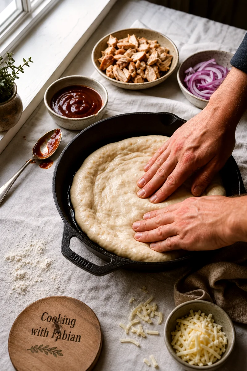 pressing-dough-bbq-chicken-pan-pizza