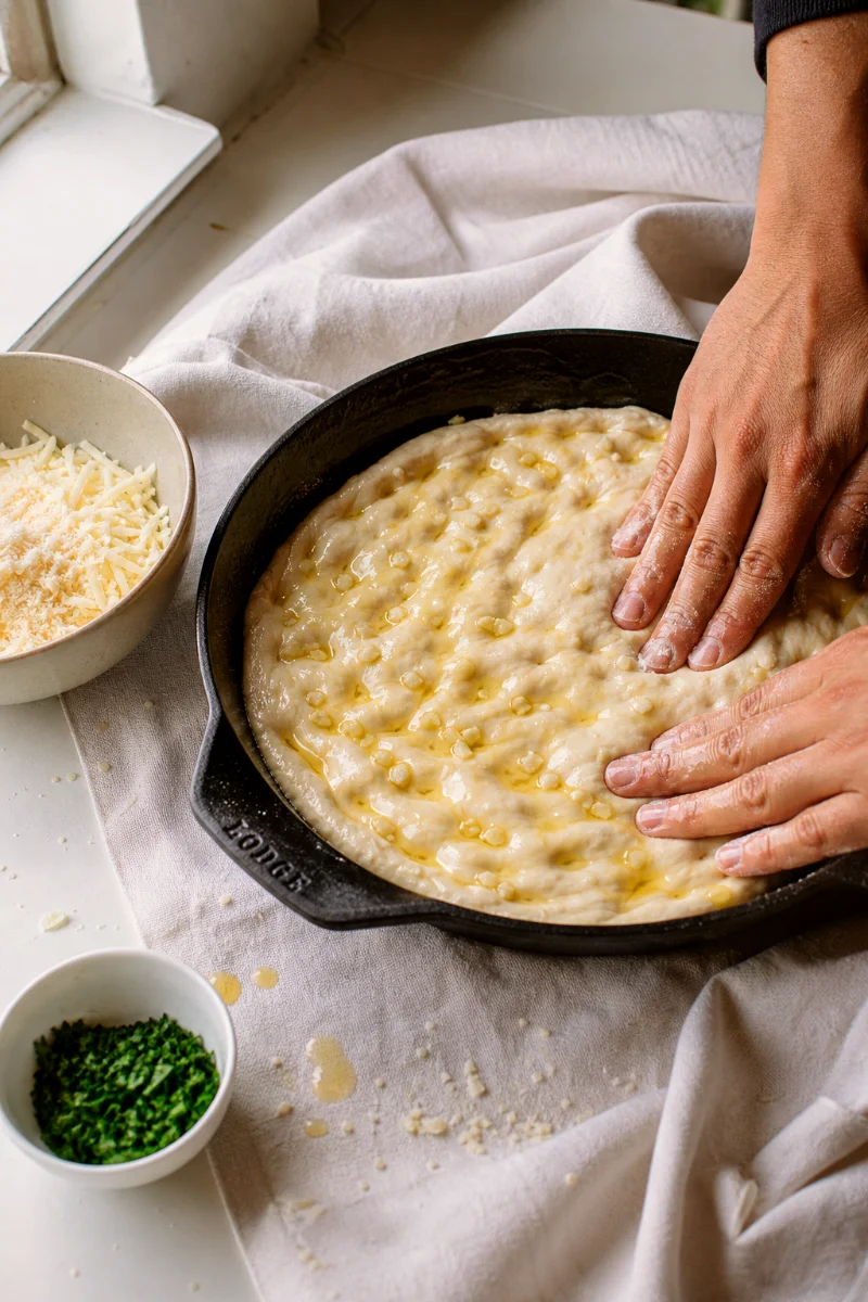 pressing-pizza-dough-into-garlic-butter-pan