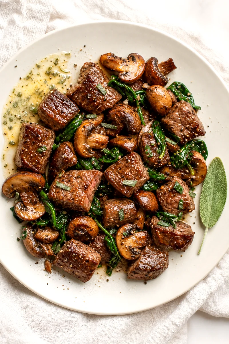 sage-butter-steak-spinach-mushrooms