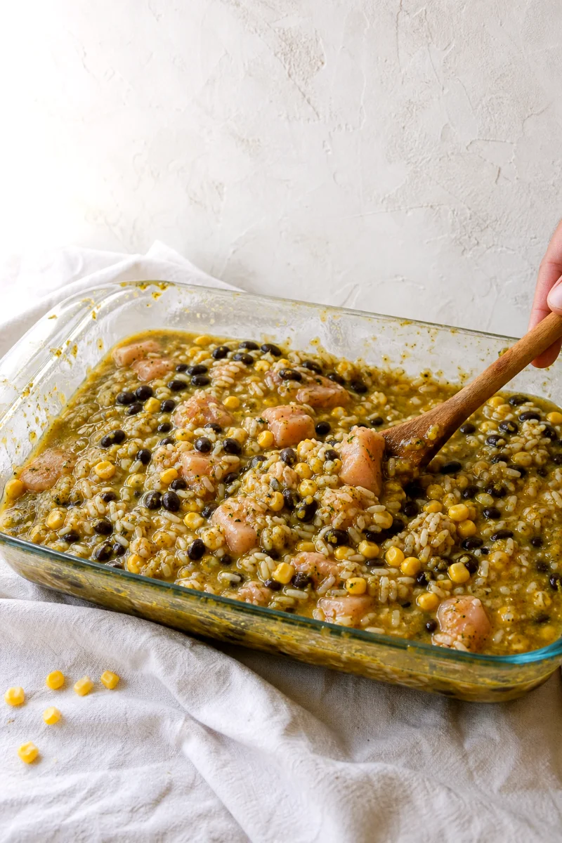 salsa-verde-chicken-rice-casserole-mixing-process