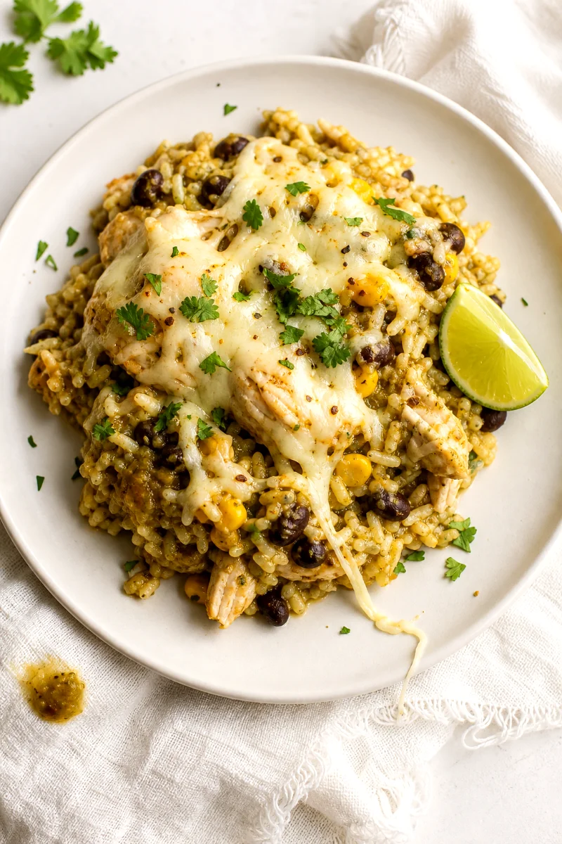 salsa-verde-chicken-rice-casserole-top-down-plate