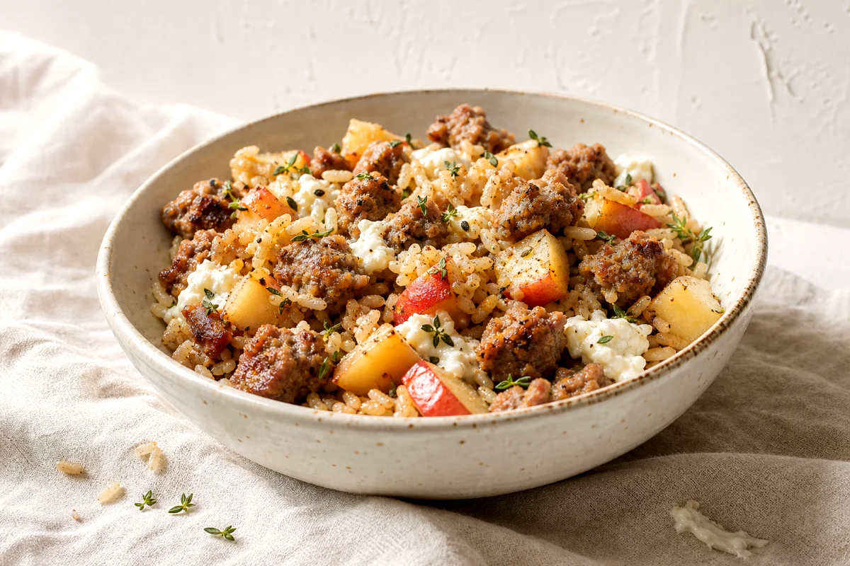 sausage-apple-skillet-goat-cheese-close-up