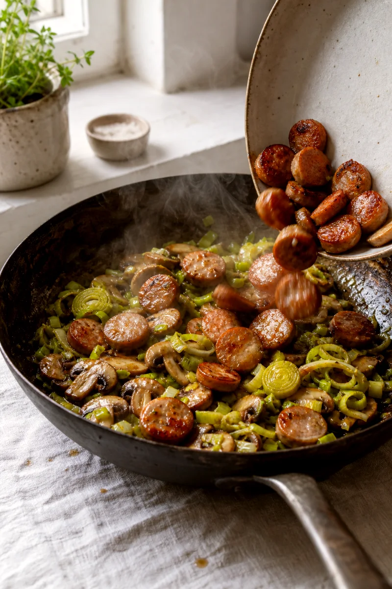 sausage-leek-mushroom-saute-cooking-process