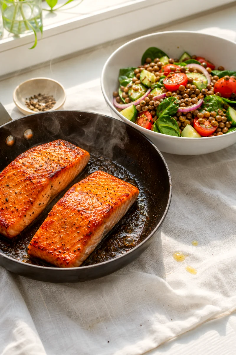 searing-salmon-for-puy-lentil-salad