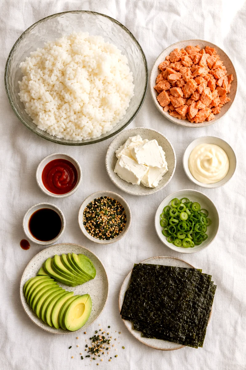 spicy-salmon-sushi-bake-ingredients