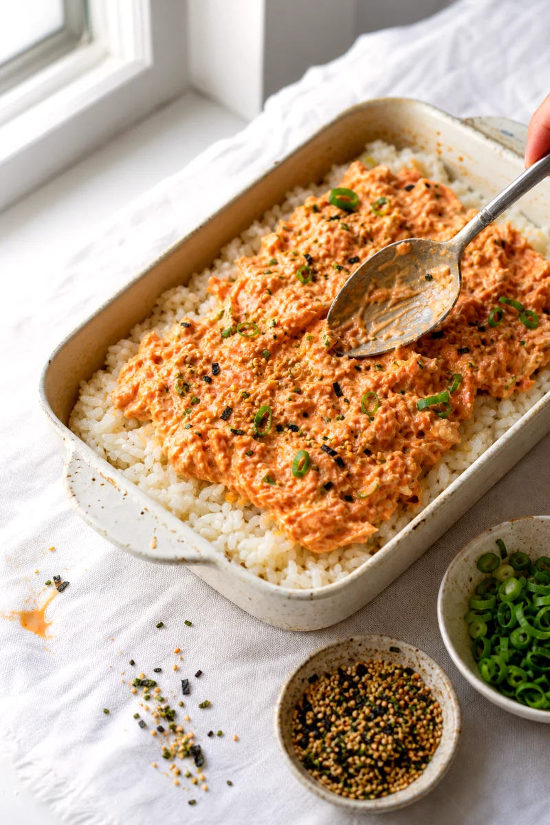 spicy-salmon-sushi-bake-process