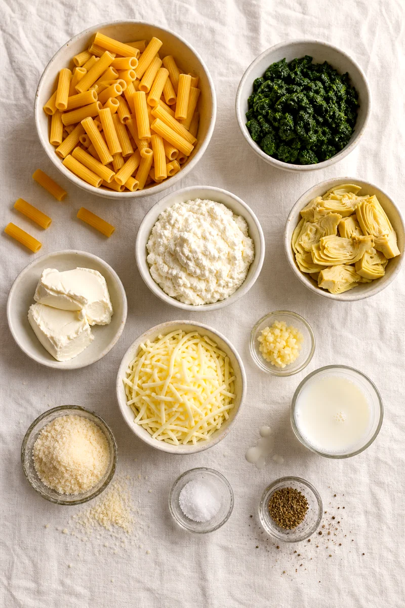spinach-artichoke-baked-ziti-ingredients