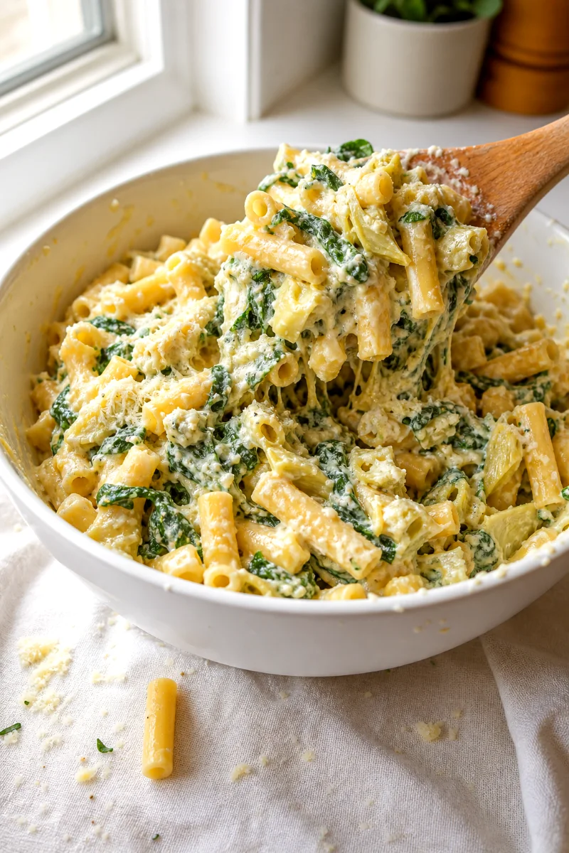 spinach-artichoke-baked-ziti-mixing-process