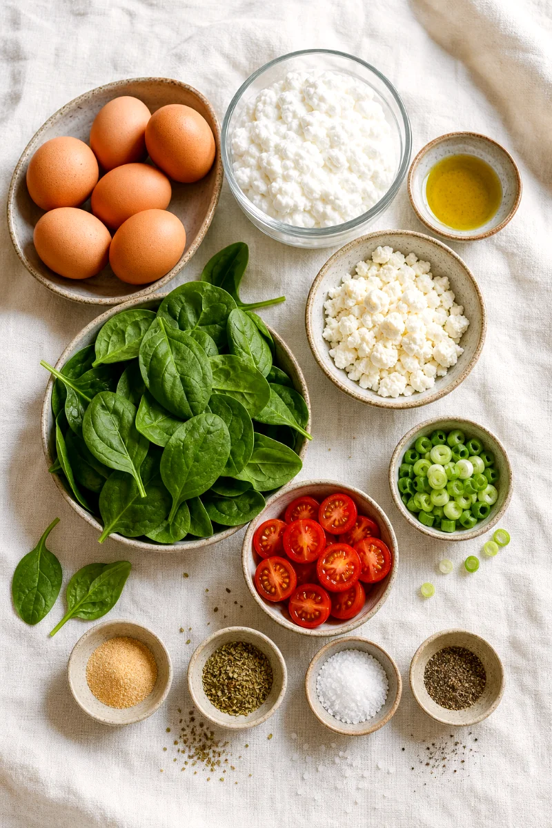 spinach-feta-cottage-cheese-egg-casserole-ingredients