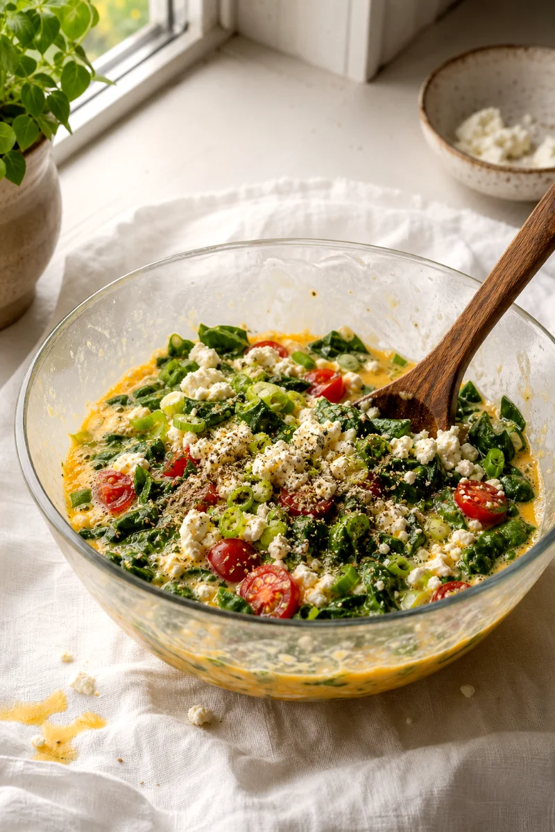 spinach-feta-cottage-cheese-egg-casserole-mixing-process