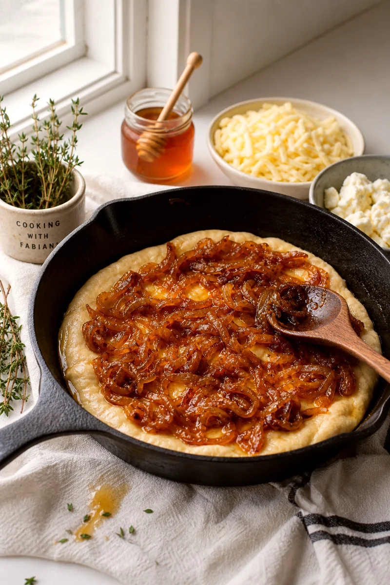 spreading-caramelized-onions-on-pan-pizza-dough