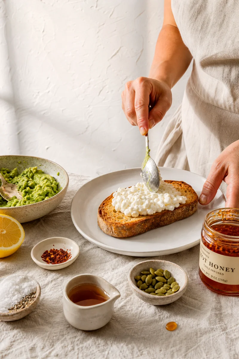 spreading-cottage-cheese-on-sourdough-toast