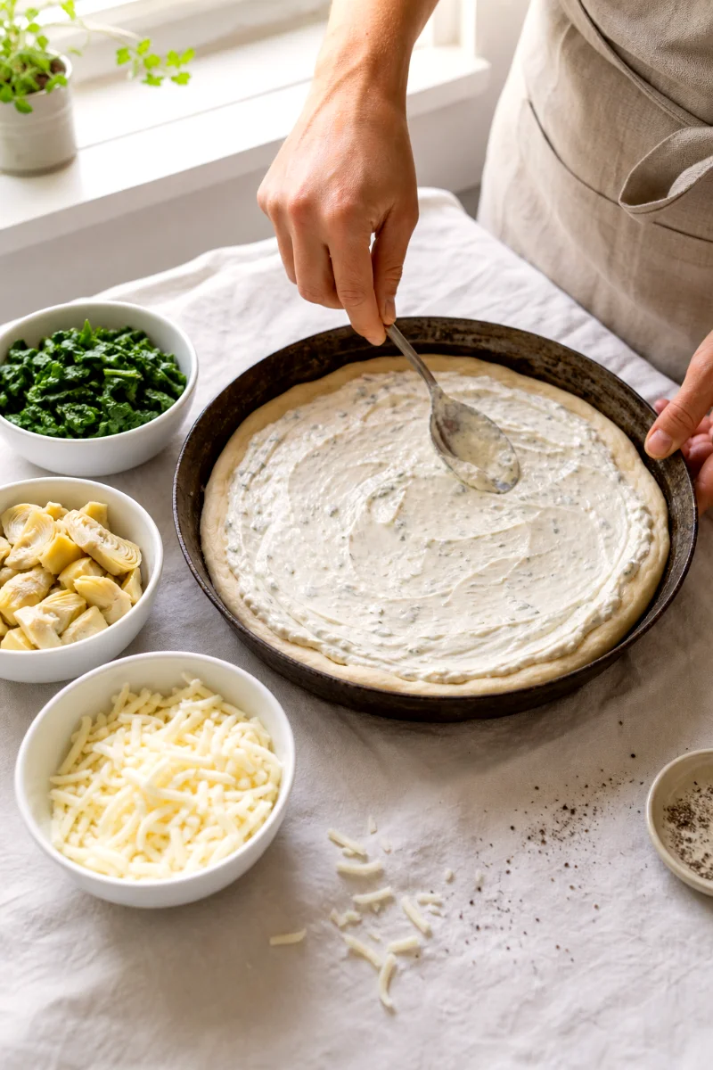 spreading-garlic-cream-cheese-pizza-base