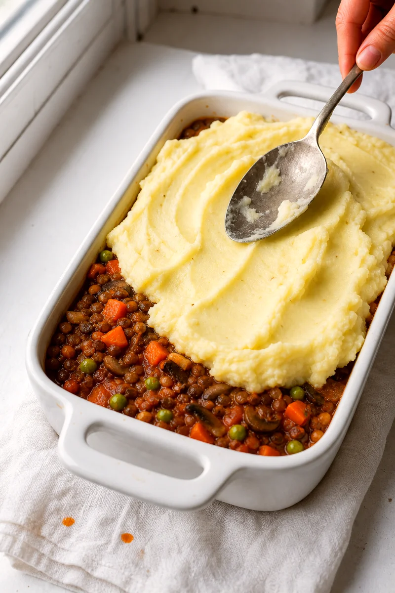 spreading-mashed-potatoes-lentil-casserole