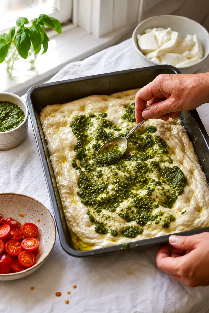 spreading-pesto-on-pan-pizza-dough