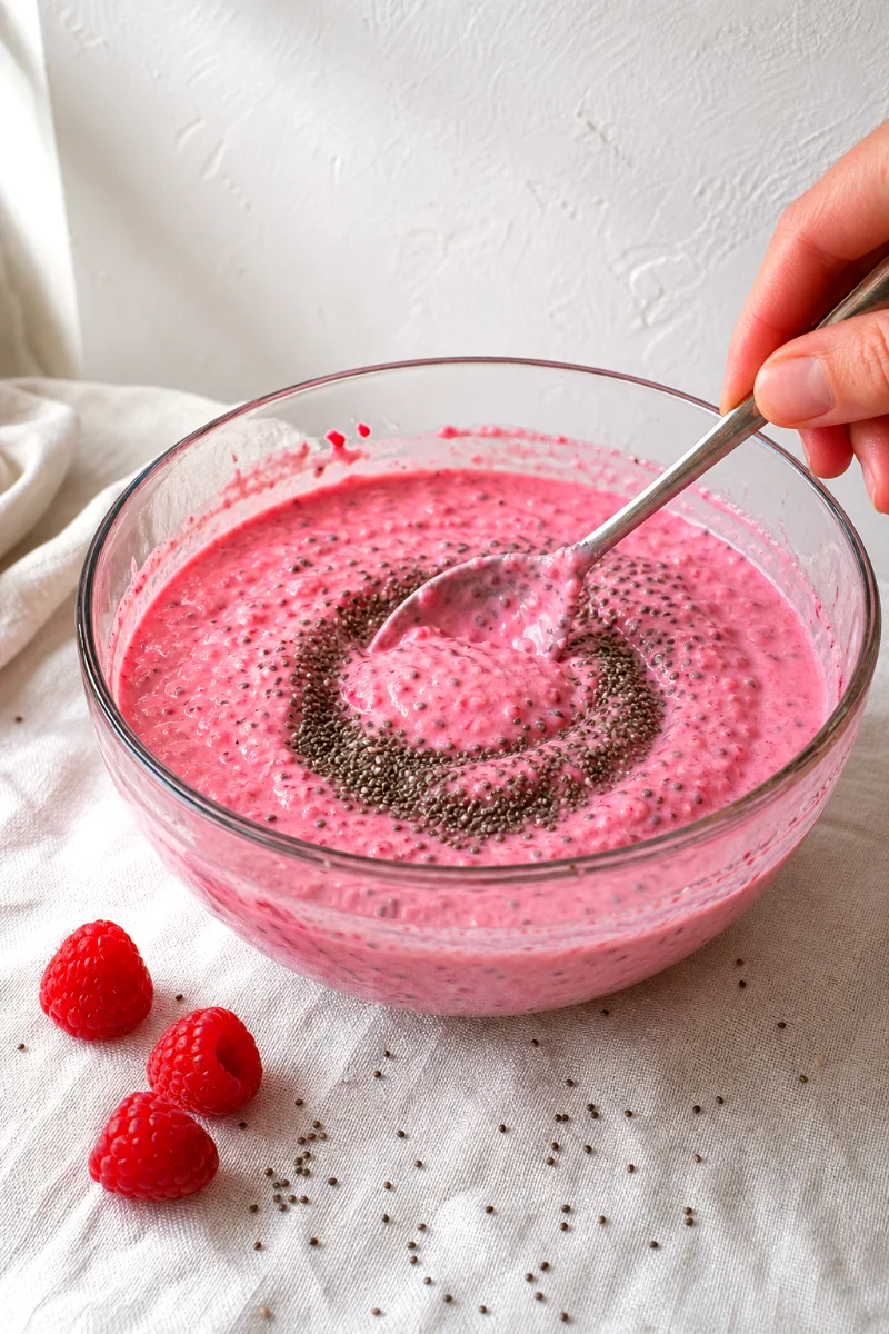 stirring-chia-seeds-into-raspberry-cottage-cheese-pudding