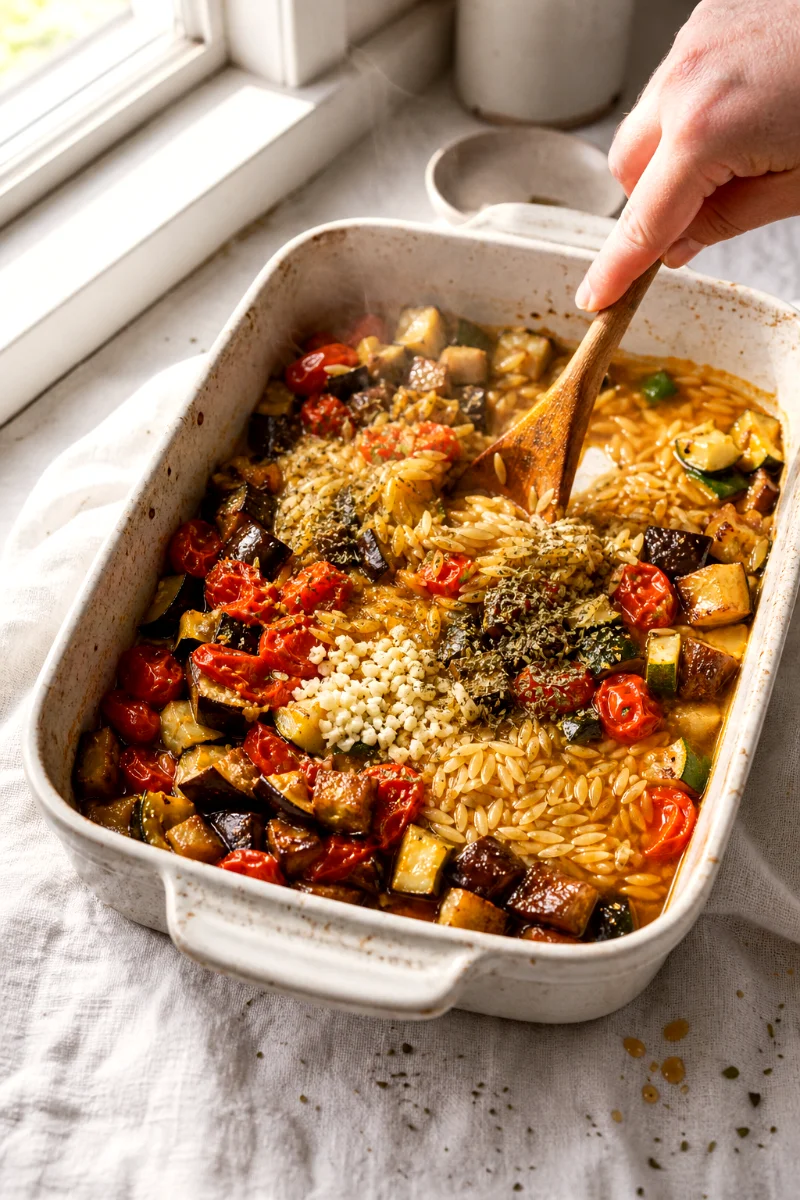 stirring-orzo-into-roasted-vegetables