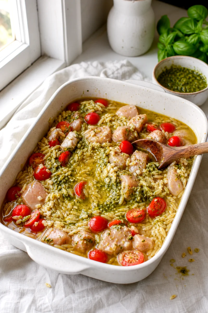 stirring-pesto-chicken-orzo-casserole