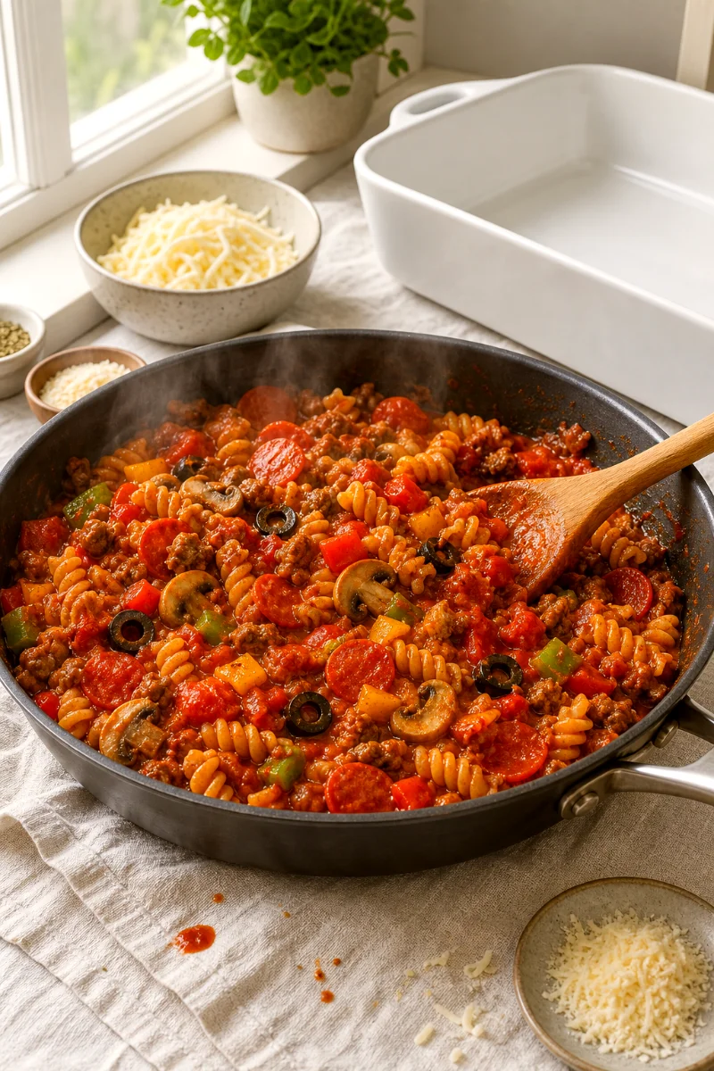 supreme-pizza-pasta-casserole-cooking-process
