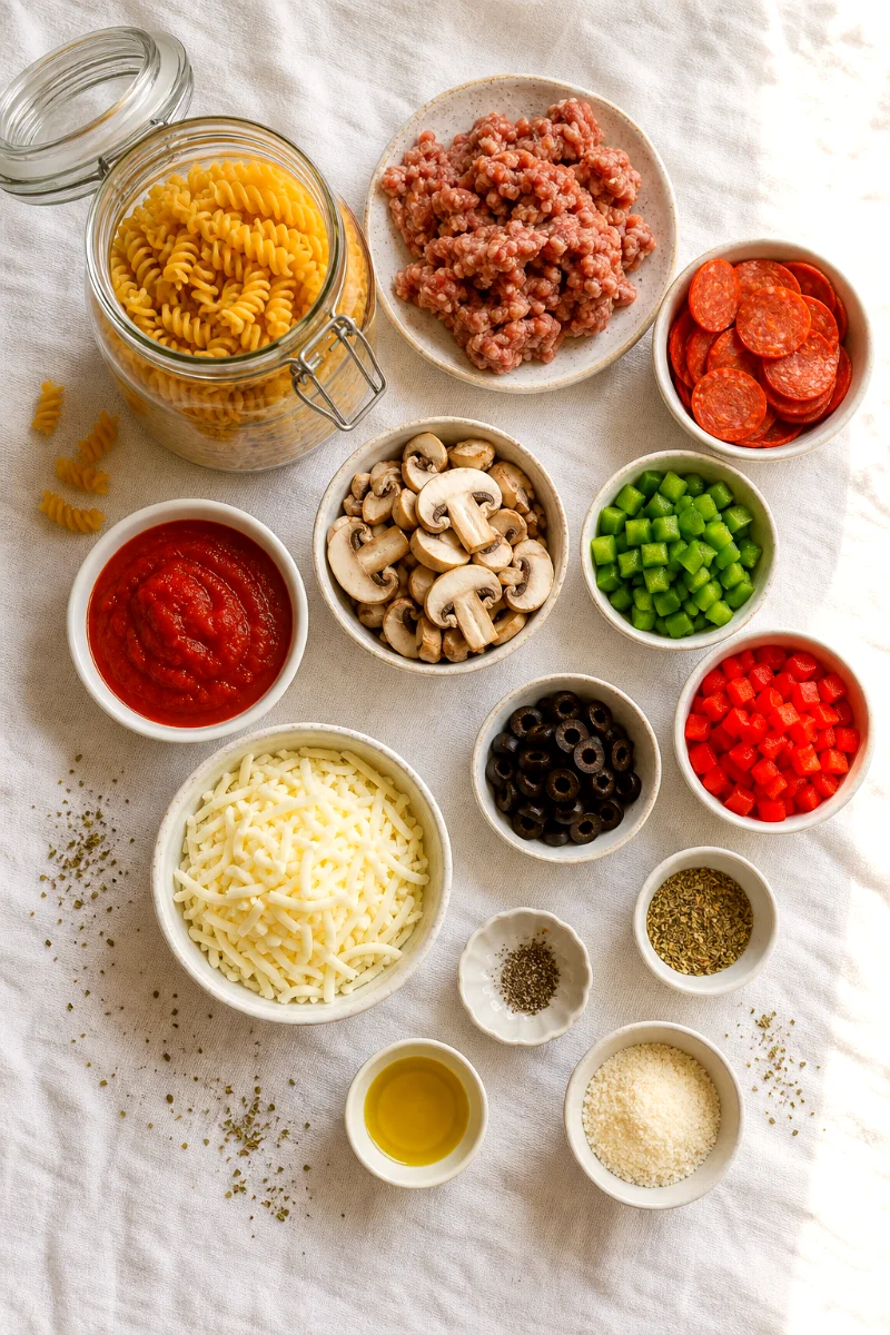 supreme-pizza-pasta-casserole-ingredients