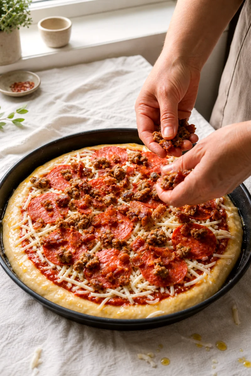 three-meat-carnivore-pan-pizza-process