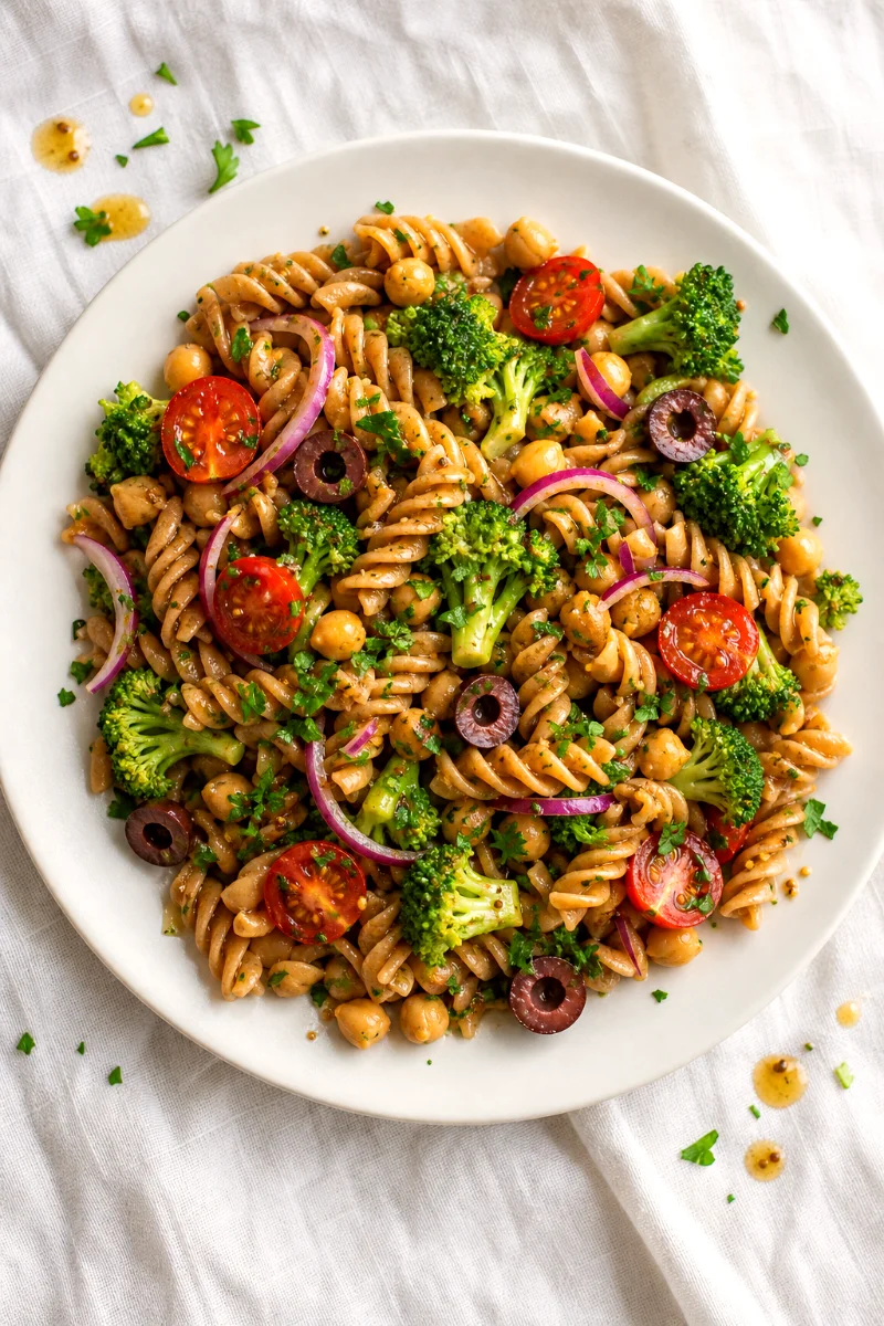 top-down-broccoli-chickpea-pasta-salad